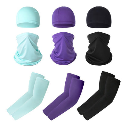 Summer UV Protection Breathable Ice Silk Arm Sleeves Beanie Cap Neck Gaiter Magic Headband Set for Outdoor Cycling