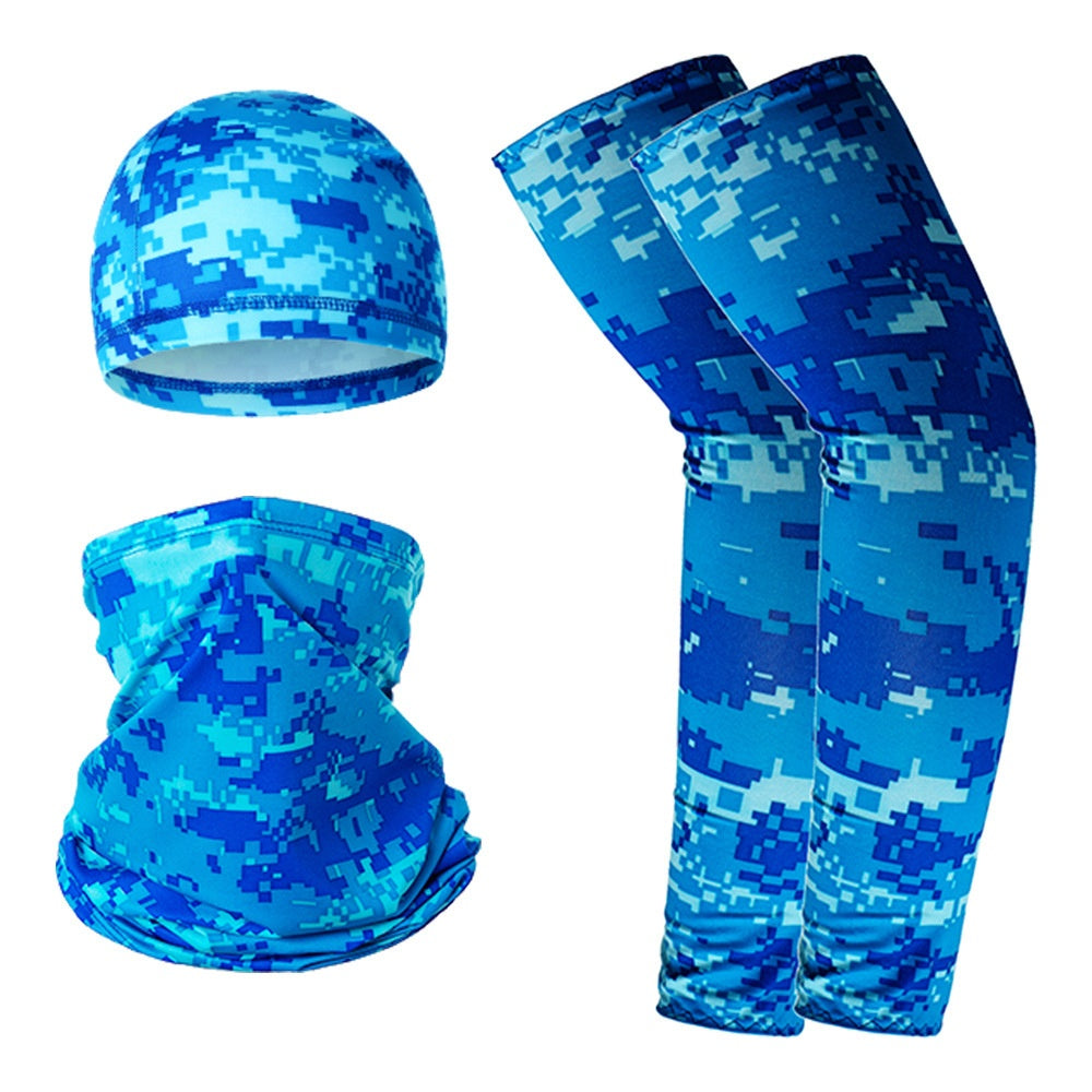 Summer UV Protection Breathable Ice Silk Arm Sleeves Beanie Cap Neck Gaiter Magic Headband Set for Outdoor Cycling