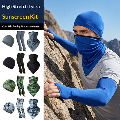 1 Pair Sun Protection Arm Sleeves with Moisture Wicking Cycling Cap Triangular Bandana for Outdoor Sports