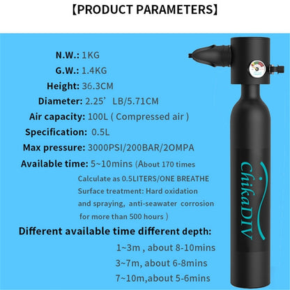 CHIKADIV C300-A1 Mini Scuba Tank Diving Gear for Diver 0.5L Diving Tank Diving Cylinder with 5-10 Minutes Backup Diving Equipment Kit for Underwater