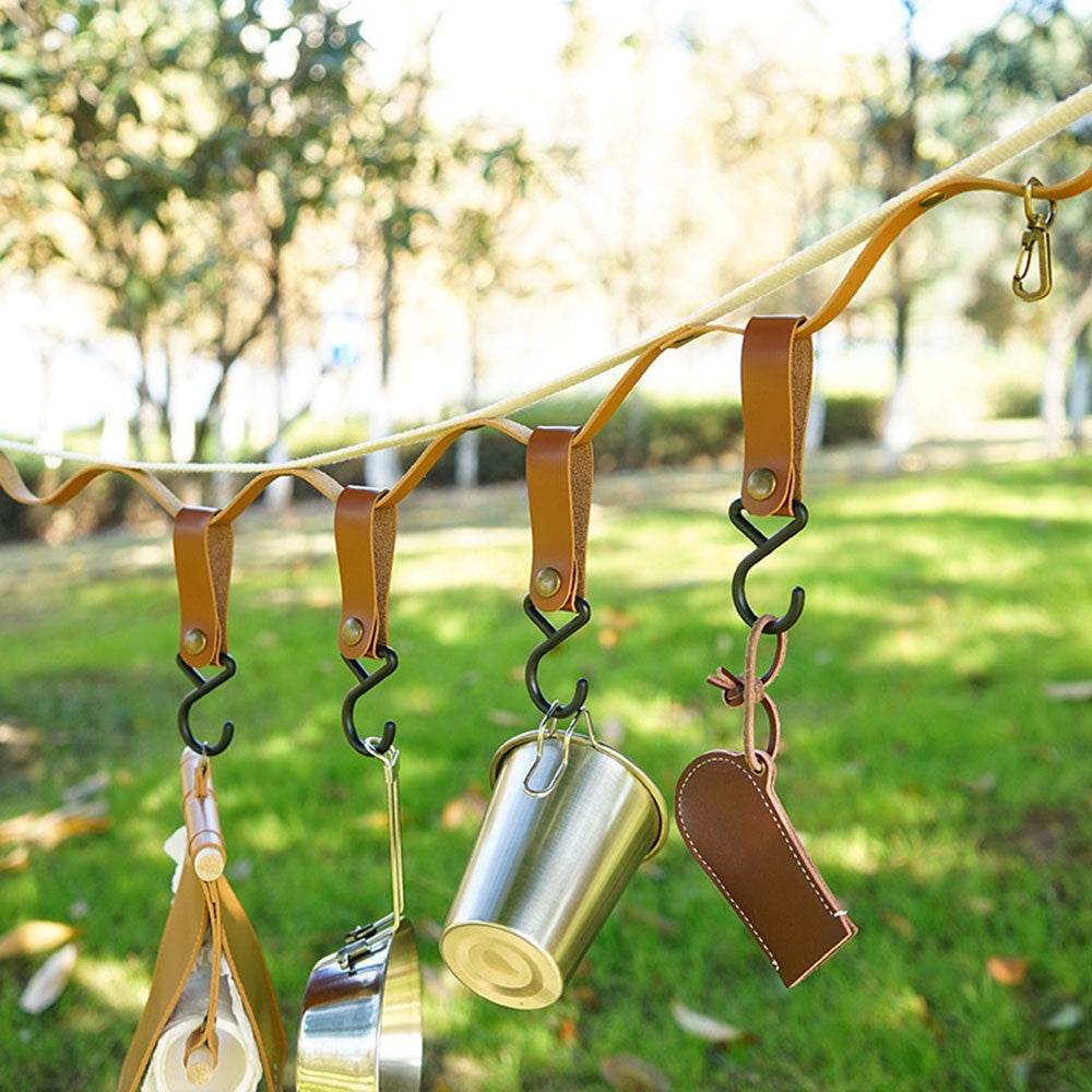 AOTU 4Pcs PU Leather Strap S-Shape Plastic Hooks for Outdoor Camping Hanging Pots Pans
