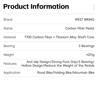 WEST BIKING YP0802147 1 Pair Triple Bearing Pedals for Road Bicycle Anti Slip Carbon Fiber Bike Pedals