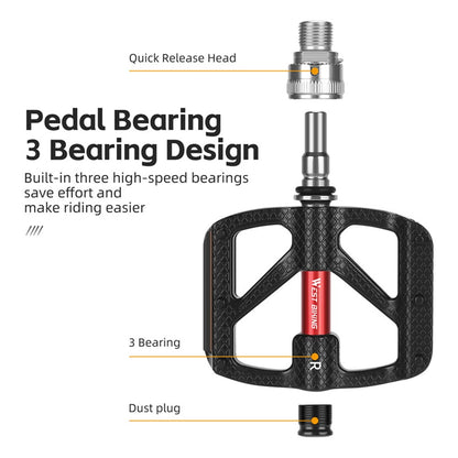WEST BIKING YP0802117 Aluminum Alloy Quick Release 3 Bearing Pedal with Reflective Stickers