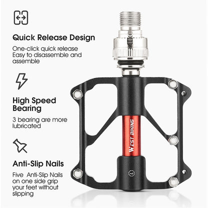 WEST BIKING YP0802118 1 Pair Bike Pedals 3-Bearing Aluminum Alloy MTB Bicycle Pedals