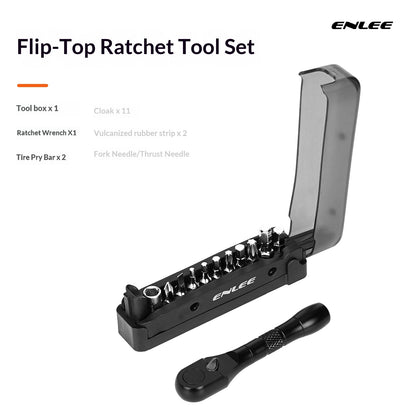 ENLEE Multifunctional Bike Repair Ratchet Wrench Set Portable Tire Maintenance Tool with Flip-top Storage Box