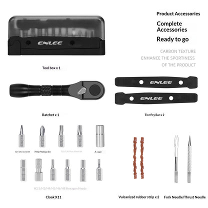 ENLEE Multifunctional Bike Repair Ratchet Wrench Set Portable Tire Maintenance Tool with Flip-top Storage Box