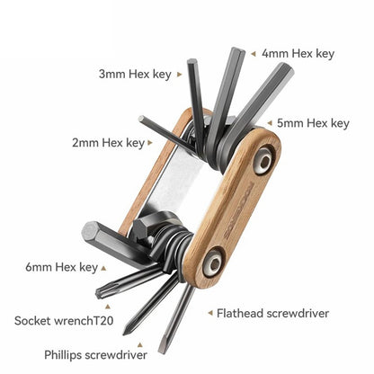 ROCKBROS Bike Multitool Bike Tool Kit 8 in 1 Steel Wood Bicycle Tool Survival Gear