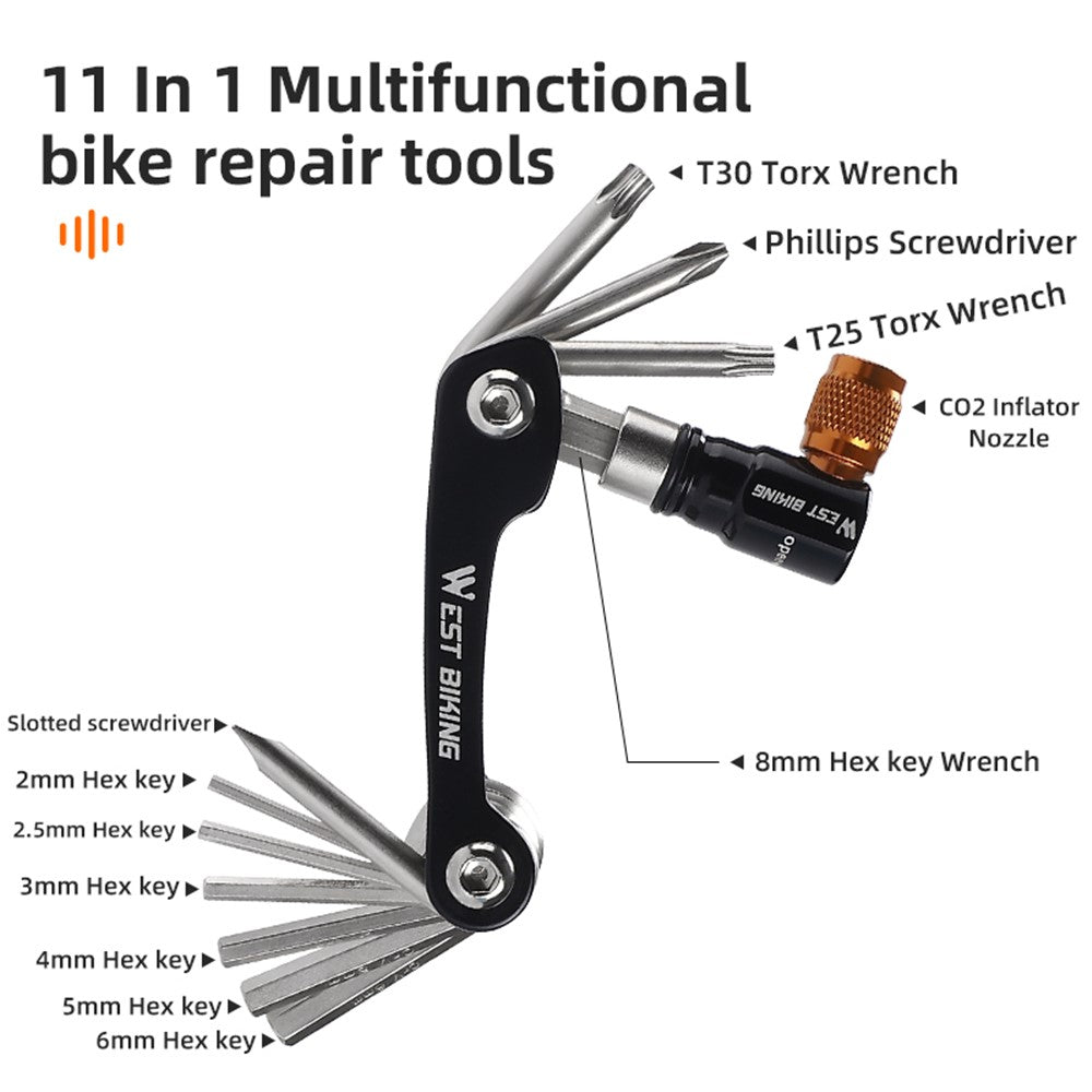 WEST BIKING YP0719349 Multifunction CRV Steel Bicycle Repair Tool CO2 Air Nozzle Screwdriver Wrench Kit