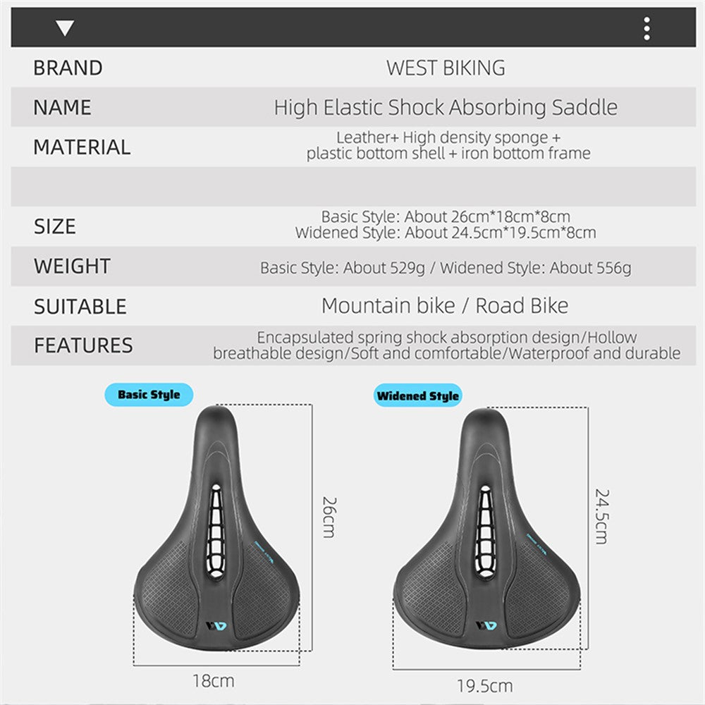 WEST BIKING YP0801208-209 Leather+Sponge Bike Saddle Hollow Breathable Bicycle Seat Cushion