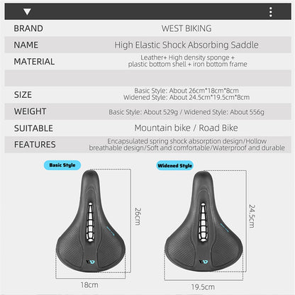 WEST BIKING YP0801208-209 Leather+Sponge Bike Saddle Hollow Breathable Bicycle Seat Cushion