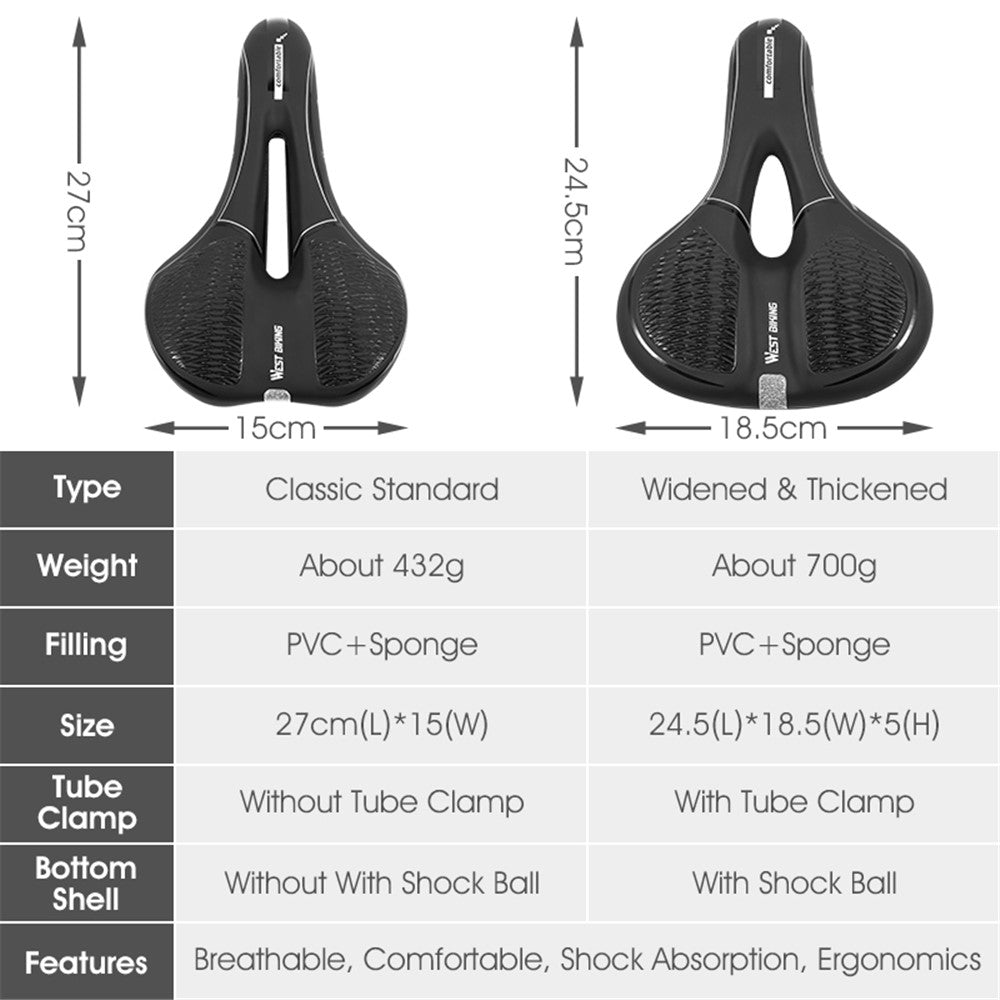 WEST BIKING Bicycle Saddle Reflective Soft PU Leather MTB Shockproof Seat Cushion