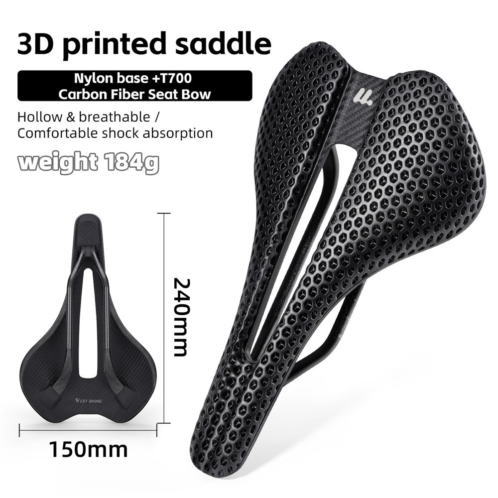WEST BIKING YP0801250 3D Printed PU Bike Saddle Carbon Fiber Bike Seat Cushion for Road MTB Bikes, 240 x 150mm