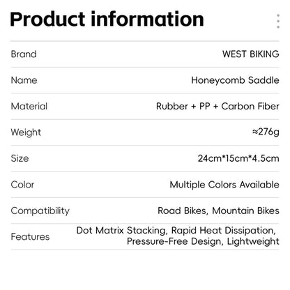 WEST BIKING YP0801258-A Bicycle Honeycomb Shock Absorbing Saddle Hollow Breathable Cycling Seat Cushion