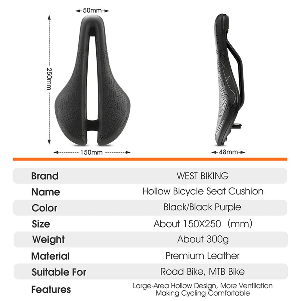 WEST BIKING YP0801136 Ultralight Road Bike Saddle Hollow Seat Cushion Waterproof Leather Cycling Saddle