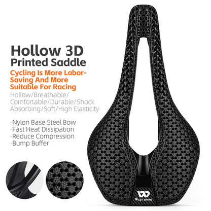 WEST BIKING YP0801182 3D Printing MTB Road Bike Short Nose Hollow Breathable Bicycle Seat