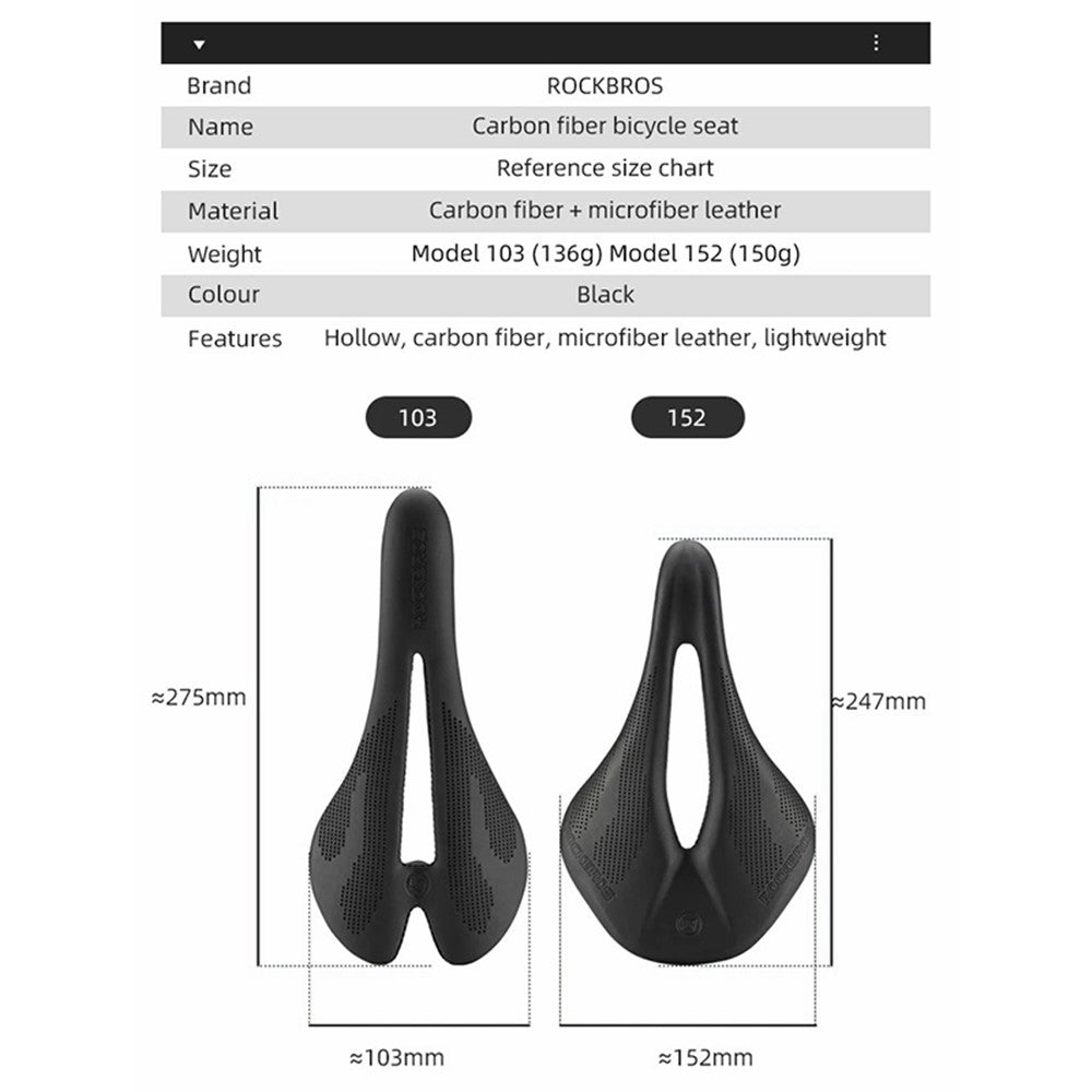ROCKBROS Microfiber Leather+Carbon Fiber Bike Seat Saddle Breathable Bicycle Seat Cushion