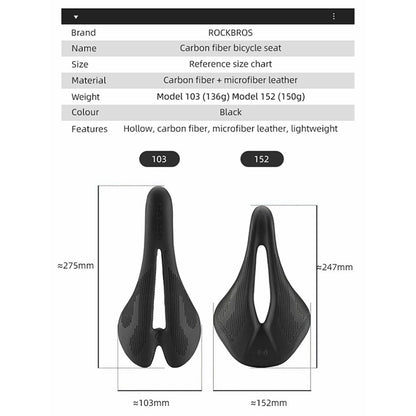 ROCKBROS Microfiber Leather+Carbon Fiber Bike Seat Saddle Breathable Bicycle Seat Cushion