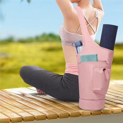 Yoga Mat Carrier Bag Large Opening Polyester Gym Bag with Waterproof Pocket and Drawstring Water Bottle Holder
