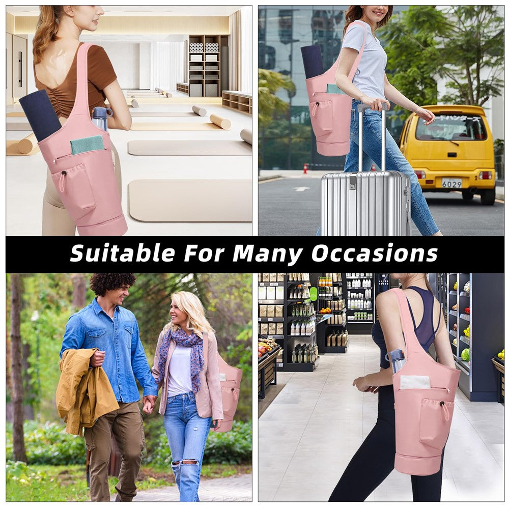 Yoga Mat Carrier Bag Large Opening Polyester Gym Bag with Waterproof Pocket and Drawstring Water Bottle Holder