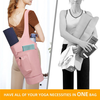 Yoga Mat Carrier Bag Large Opening Polyester Gym Bag with Waterproof Pocket and Drawstring Water Bottle Holder