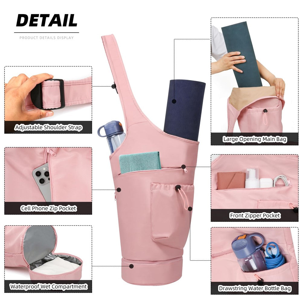 Yoga Mat Carrier Bag Large Opening Polyester Gym Bag with Waterproof Pocket and Drawstring Water Bottle Holder