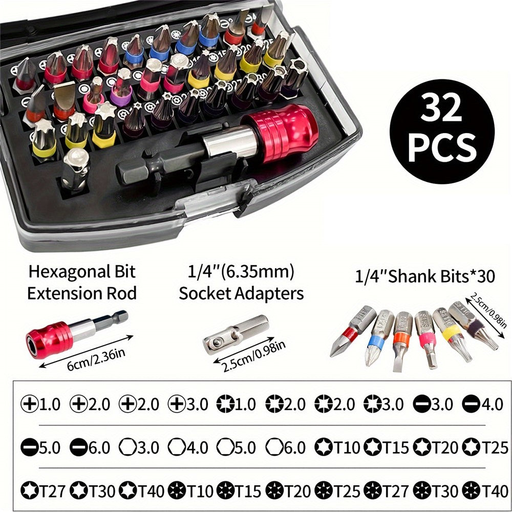 32Pcs / Set S2 Steel Electric Screwdriver Short Bit Slotted Phillips Pozidriv Torx Hexagon Bits Extension Rod Kit