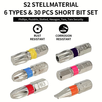 32Pcs / Set S2 Steel Electric Screwdriver Short Bit Slotted Phillips Pozidriv Torx Hexagon Bits Extension Rod Kit
