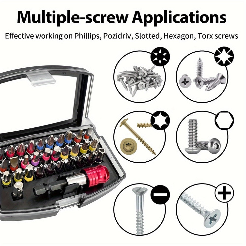 32Pcs / Set S2 Steel Electric Screwdriver Short Bit Slotted Phillips Pozidriv Torx Hexagon Bits Extension Rod Kit