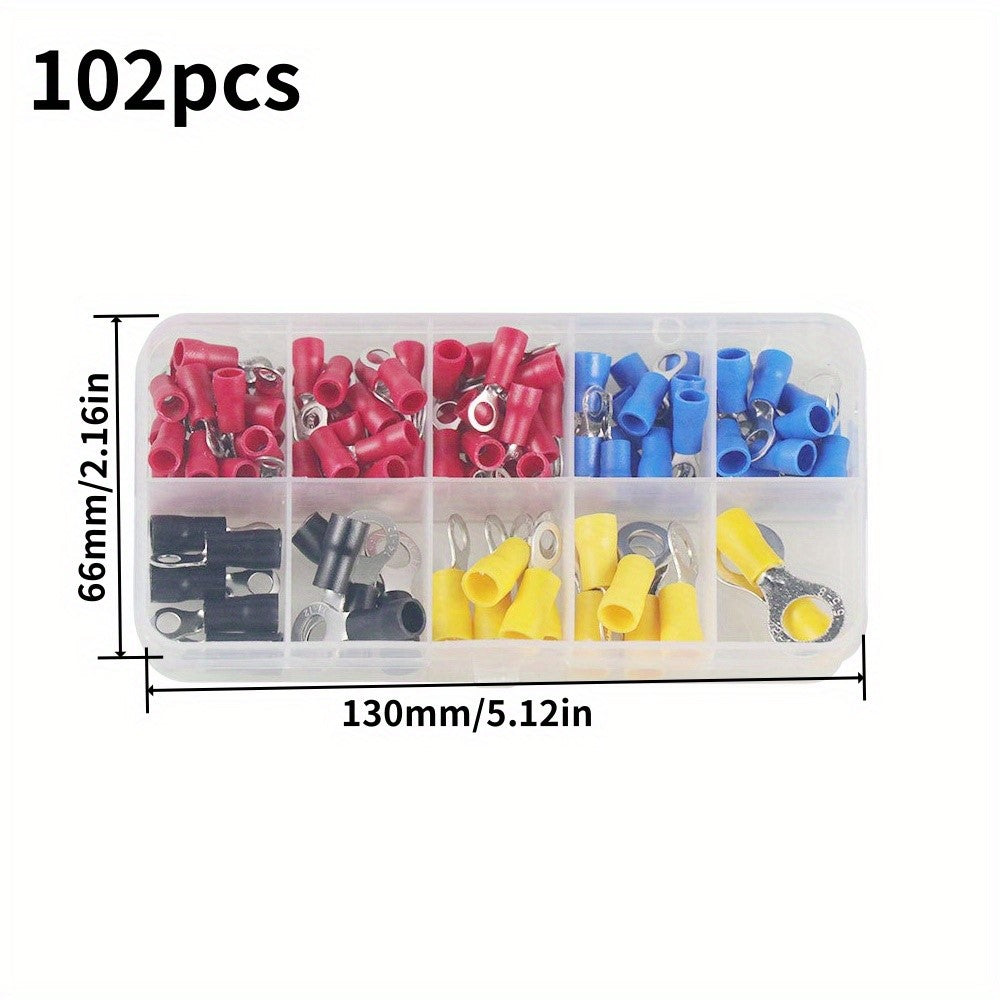 102Pcs Pre-Insulated Ring Terminals Assorted Kit Cold Press Electrical Wire Crimp Connectors