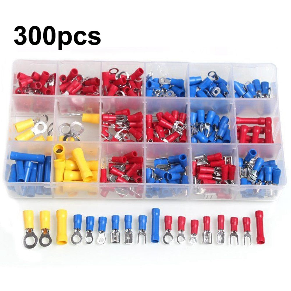 300Pcs Insulated Ring Terminals Assorted Kit Cold Press Electrical Wire Crimp Connectors