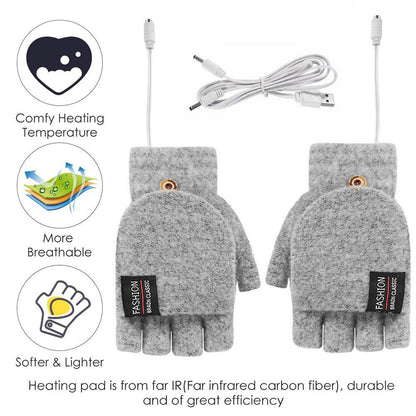 1 Pair USB Electric Heating Winter Gloves Warm Heated Polyester Half Finger Gloves with Flap Lid