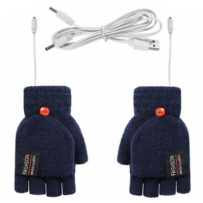 1 Pair USB Electric Heating Winter Gloves Warm Heated Polyester Half Finger Gloves with Flap Lid
