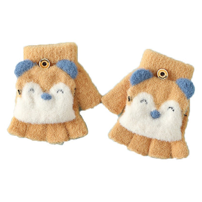 1 Pair Kids Mink Velvet Warm Gloves Half Finger Cover Cartoon Shape