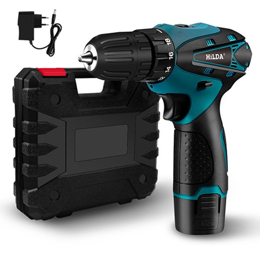 HILDA Cordless Electric Drill Screwdriver Rechargeable 12V Mini Drill Electric Screwdriver Tool with Plastic Box, EU Plug
