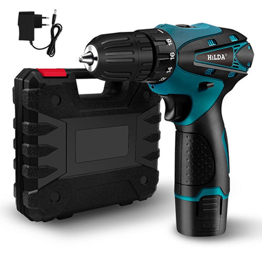 HILDA Cordless Electric Drill Screwdriver Rechargeable 12V Mini Drill Electric Screwdriver Tool with Plastic Box, EU Plug