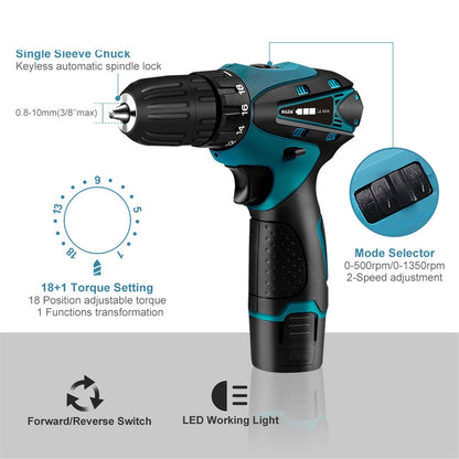 HILDA Cordless Electric Drill Screwdriver Rechargeable 12V Mini Drill Electric Screwdriver Tool, EU Plug