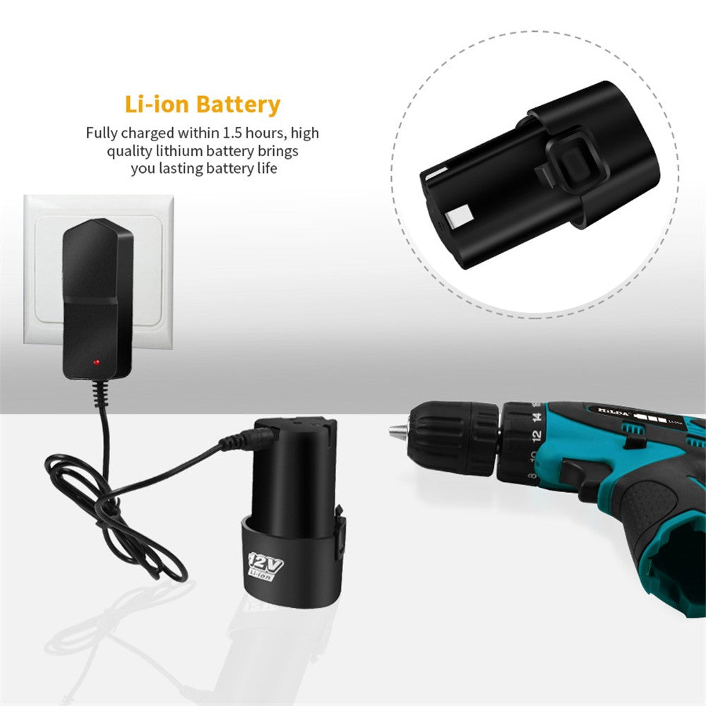 HILDA Cordless Electric Drill Screwdriver Rechargeable 12V Mini Drill Electric Screwdriver Tool, EU Plug