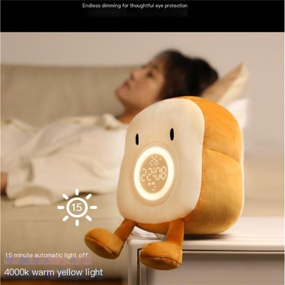 Cartoon Toast Shape Alarm Clock Night Light with 4 Ringtones for Bedroom Plush Toy Kids Gift