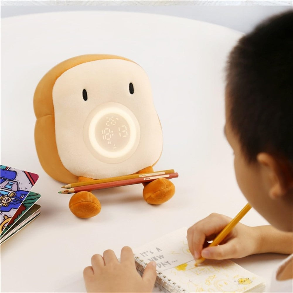 Cartoon Toast Shape Alarm Clock Night Light with 4 Ringtones for Bedroom Plush Toy Kids Gift