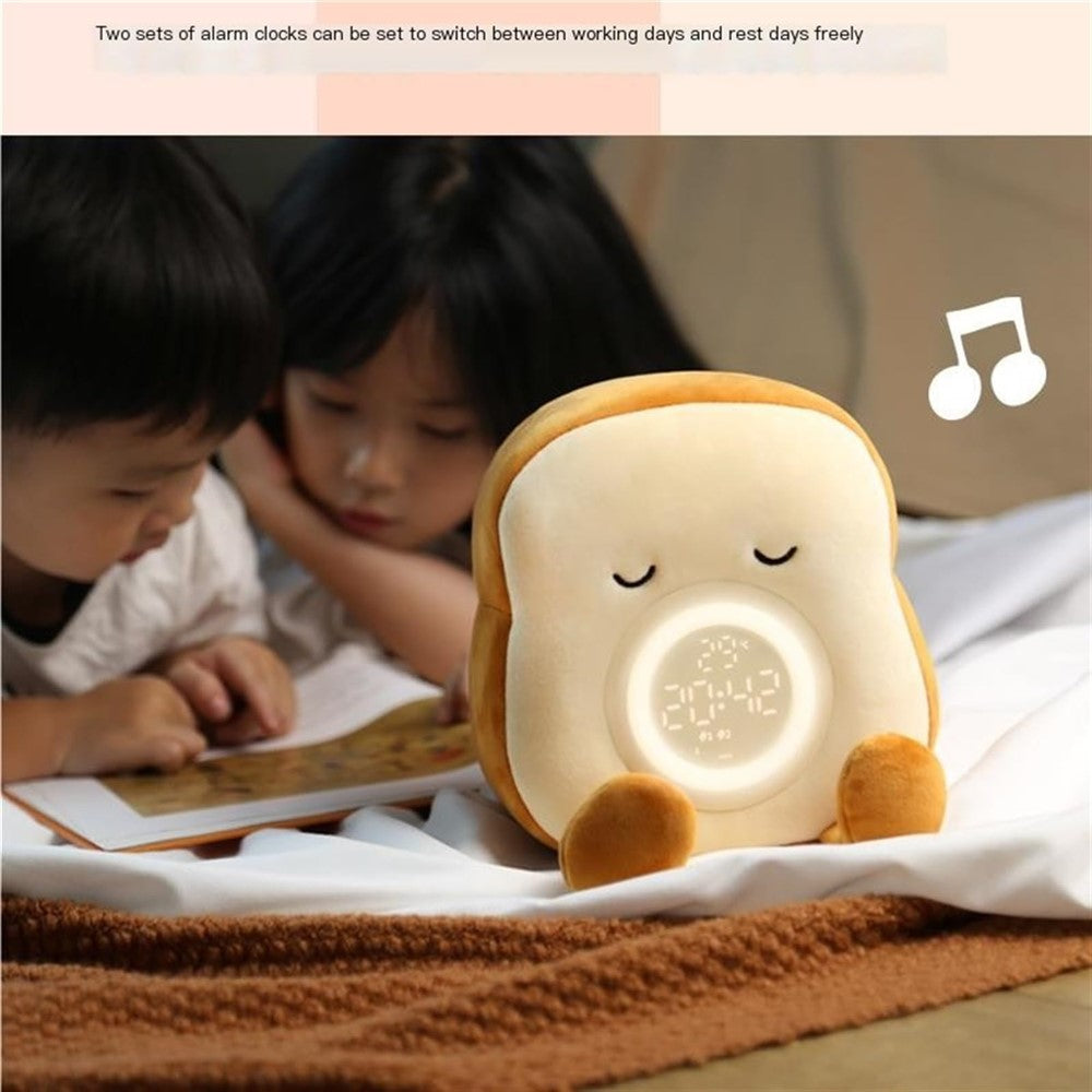Cartoon Toast Shape Alarm Clock Night Light with 4 Ringtones for Bedroom Plush Toy Kids Gift