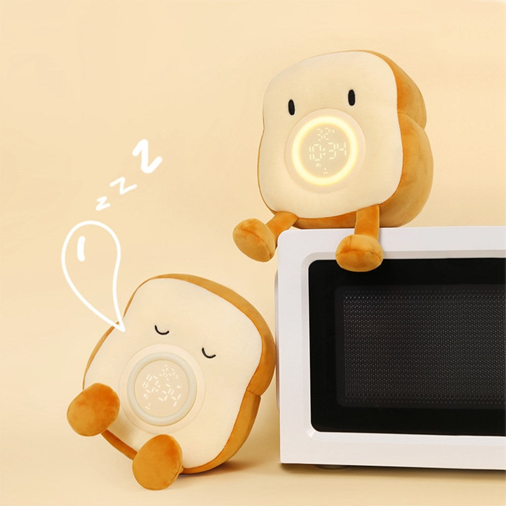 Cartoon Toast Shape Alarm Clock Night Light with 4 Ringtones for Bedroom Plush Toy Kids Gift