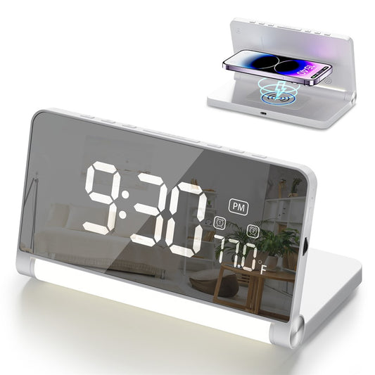 ZM-A1C Temperature Display Foldable LED Digital Alarm Clock with Night Light and 10W Wireless Charger