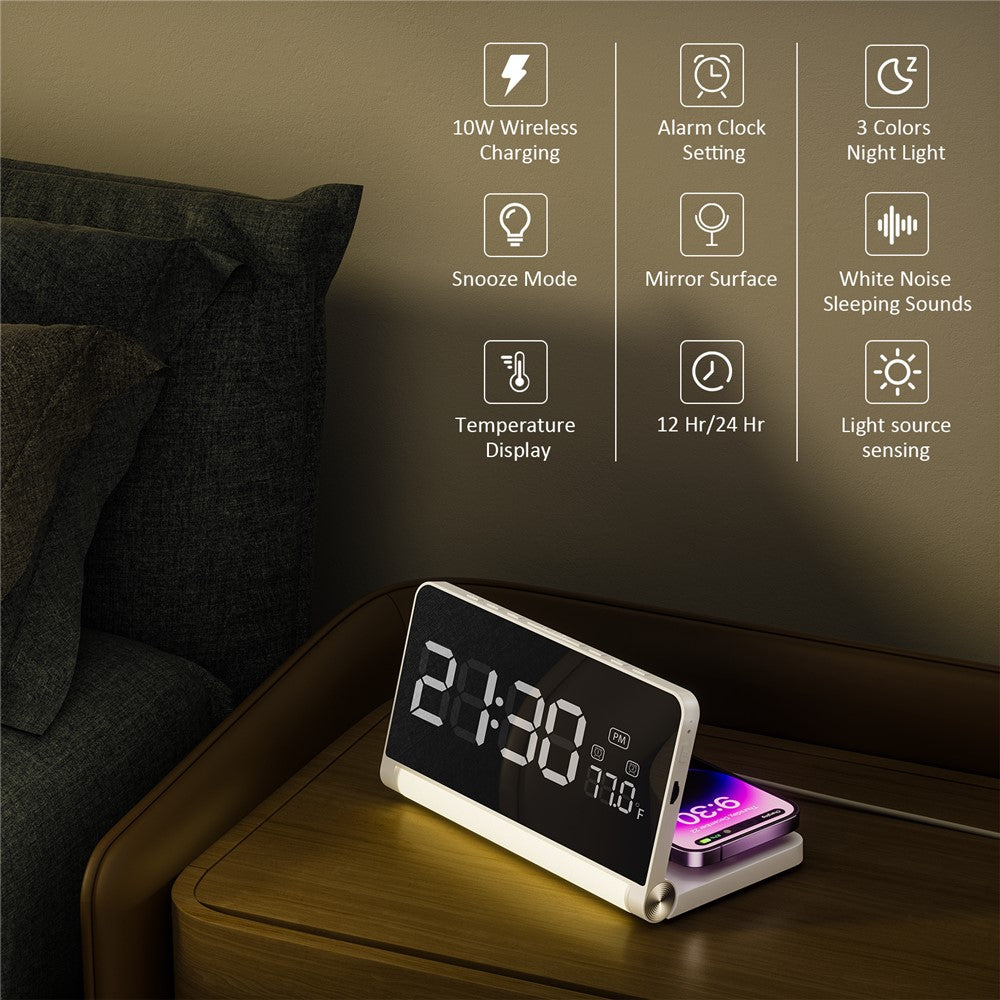ZM-A1C Temperature Display Foldable LED Digital Alarm Clock with Night Light and 10W Wireless Charger