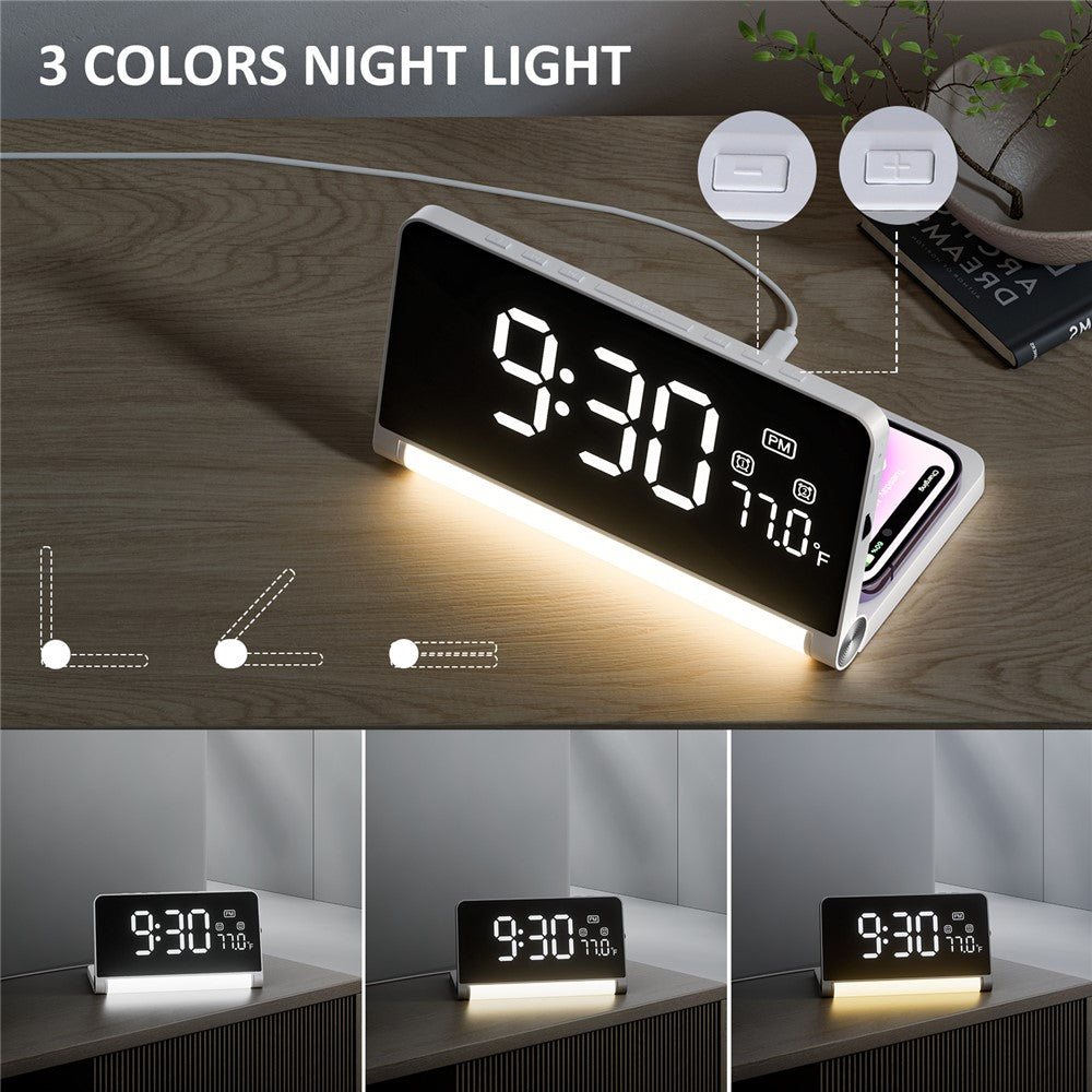ZM-A1C Temperature Display Foldable LED Digital Alarm Clock with Night Light and 10W Wireless Charger