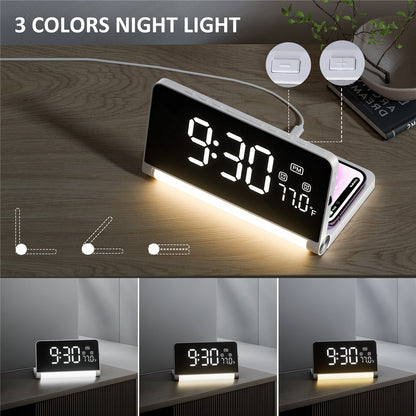 ZM-A1C Temperature Display Foldable LED Digital Alarm Clock with Night Light and 10W Wireless Charger