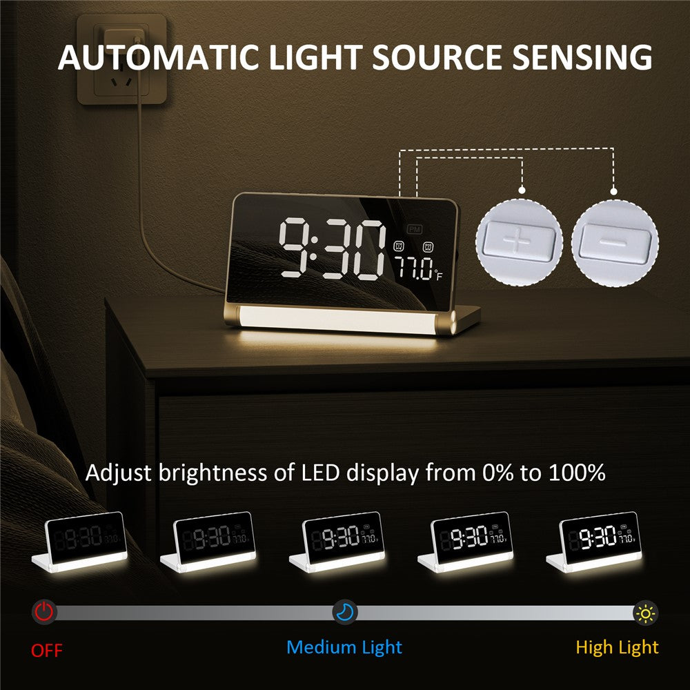 ZM-A1C Temperature Display Foldable LED Digital Alarm Clock with Night Light and 10W Wireless Charger