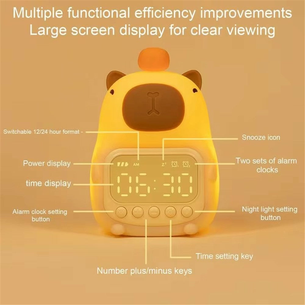 C20 Cute Cartoon Capybara Alarm Clock Dimmable Bedside Night Light for Kids Room