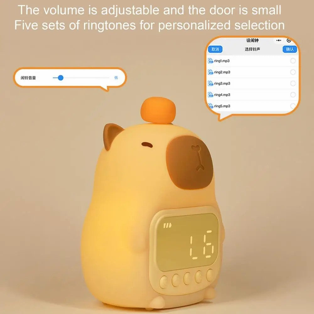 C20 Cute Cartoon Capybara Alarm Clock Dimmable Bedside Night Light for Kids Room