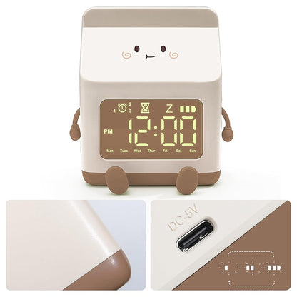 Milk Box Shape Clock with Snooze Kids LED Smart Clock Rechargeable Alarm Clock for Bedroom Room