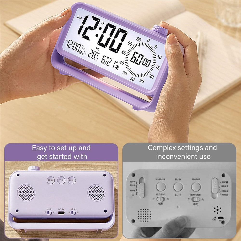 Digital Alarm Clock with Visual Timer 3 Level Brightness Countdown LCD Time Reminder (No Battery)